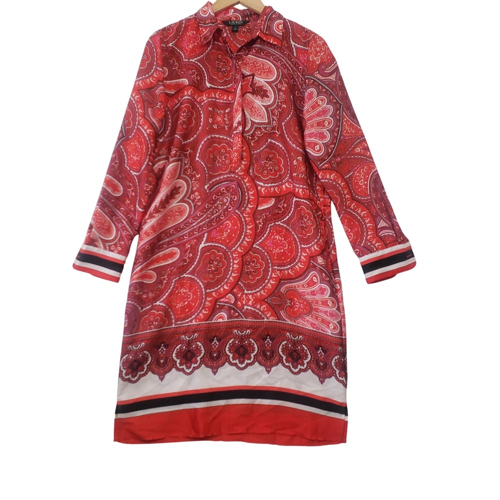 Lauren Ralph Lauren Shirt Dress 6 Red Paisley Long Sleeve Border Print Preppy